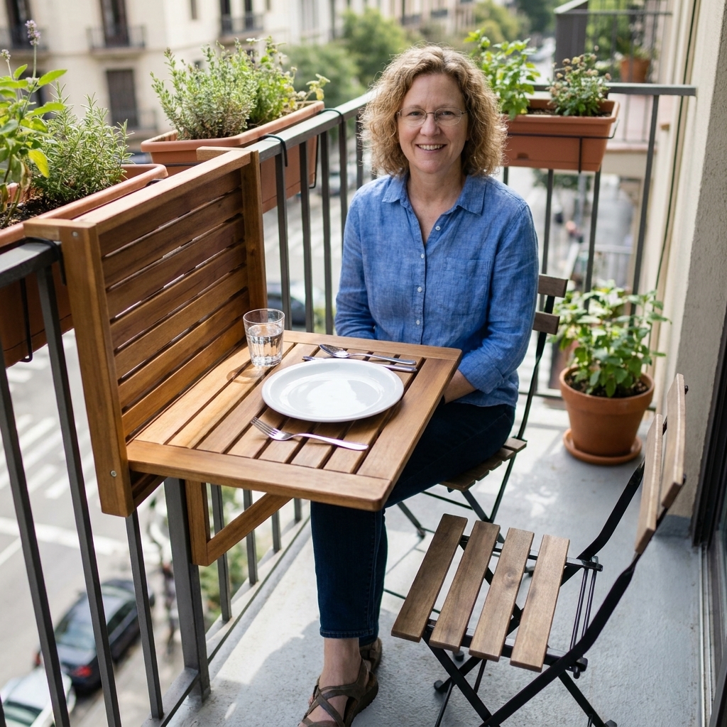 A small wall-mounted folding outdoor table on a balcony, shown open with a simple place setting and two compact chairs nearby