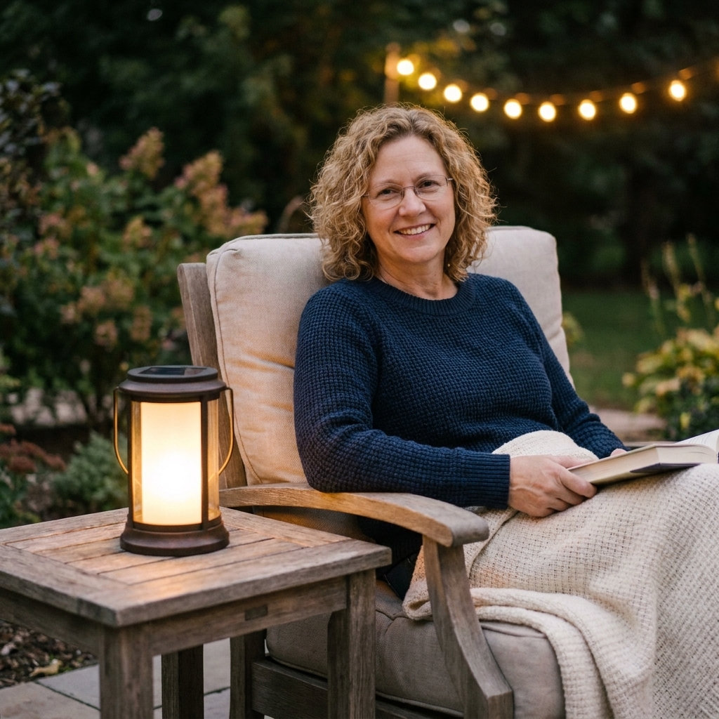 A solar lantern glowing on an outdoor side table next to a cushioned chair and a throw blanket