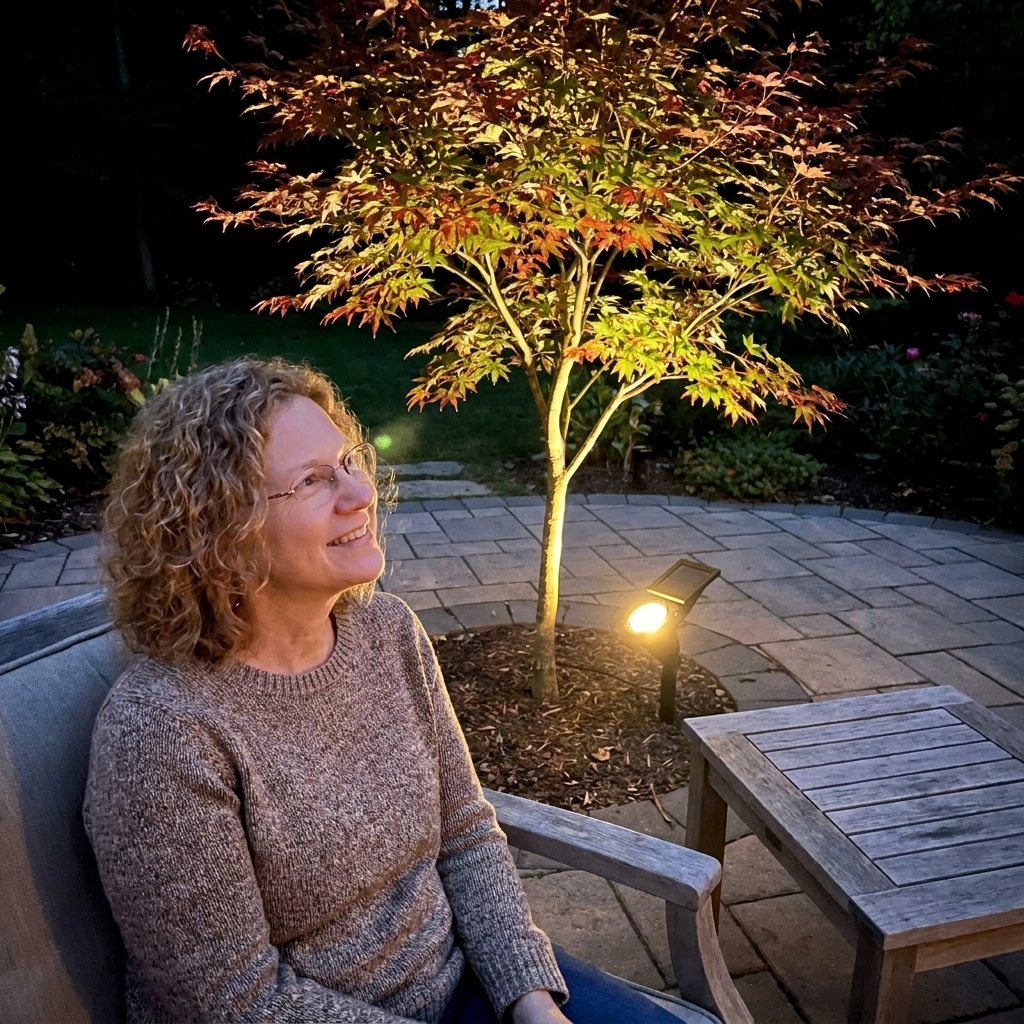 A solar spotlight aimed upward at a small ornamental tree beside a patio, casting a soft pool of light across the leaves