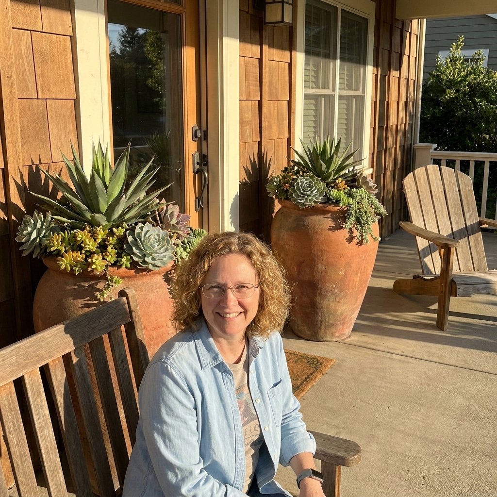 A sunlit front porch with two matching planters filled with drought-tolerant succulents beside a front door, with warm afternoon light and simple outdoor seating