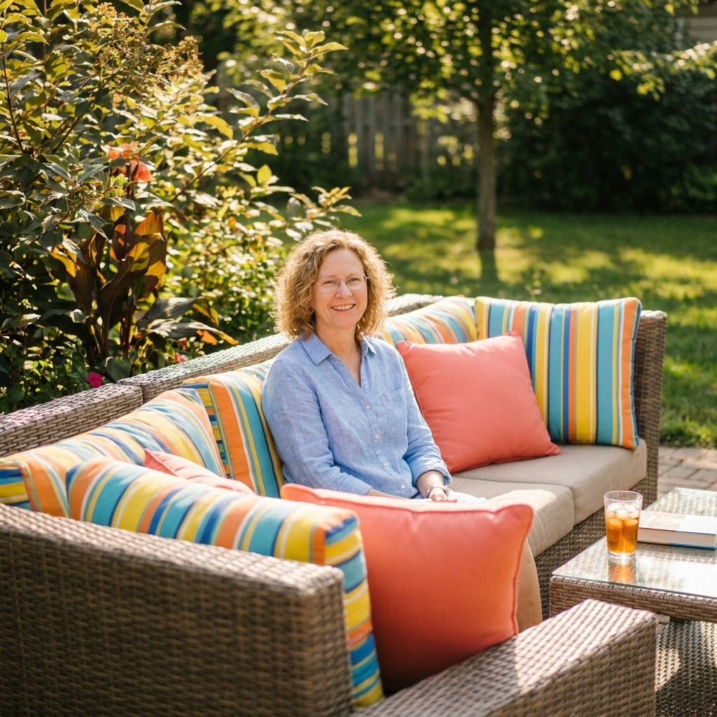 A sunny backyard patio sofa with bright striped outdoor pillows mixed with solid coral pillows, a glass-top coffee table, and leafy plants nearby