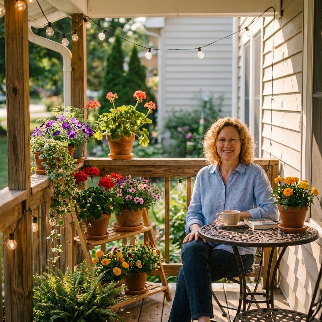 A sunny patio corner with layered planters featuring seasonal flowers and trailing greenery beside a small bistro table