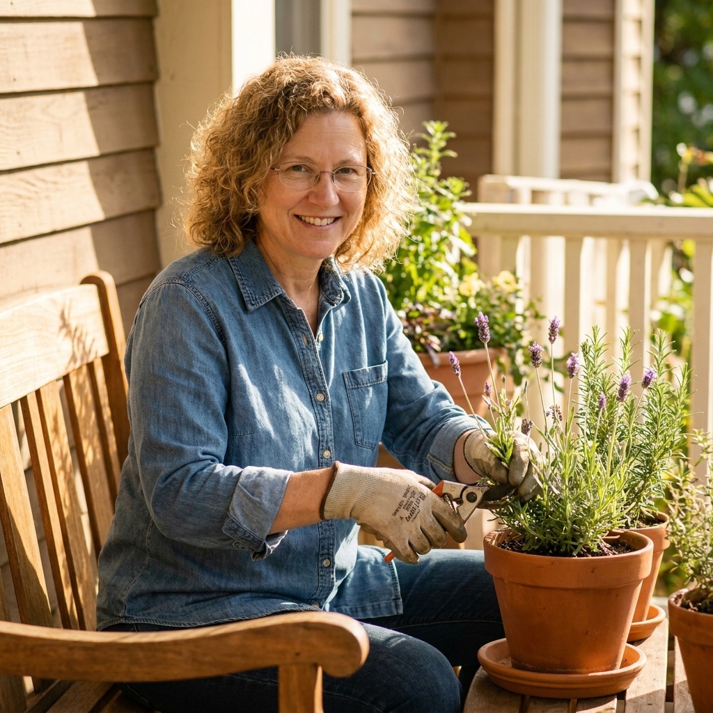 A sunny porch corner with potted rosemary and lavender in planters beside a bench.