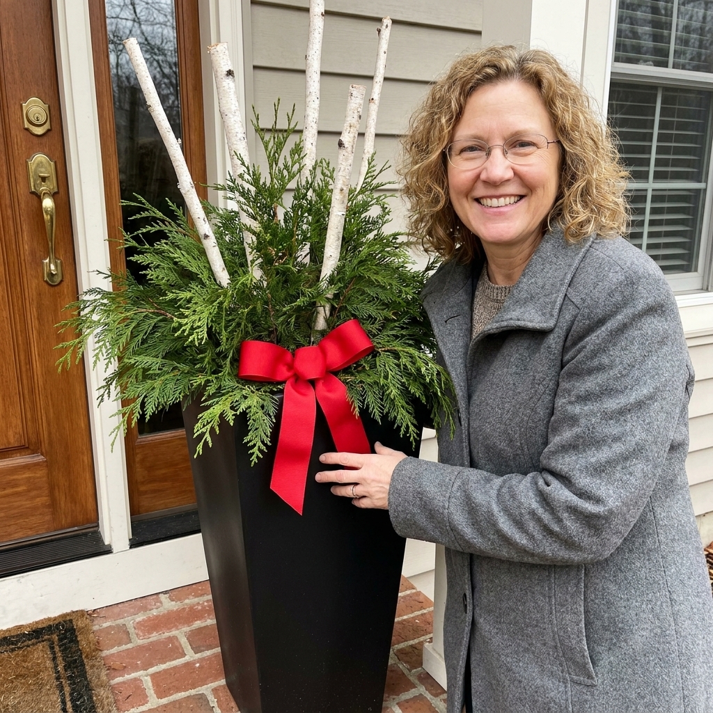 A tall black front porch planter filled with cedar branches, birch sticks, and a simple red ribbon bow, positioned beside a small front door