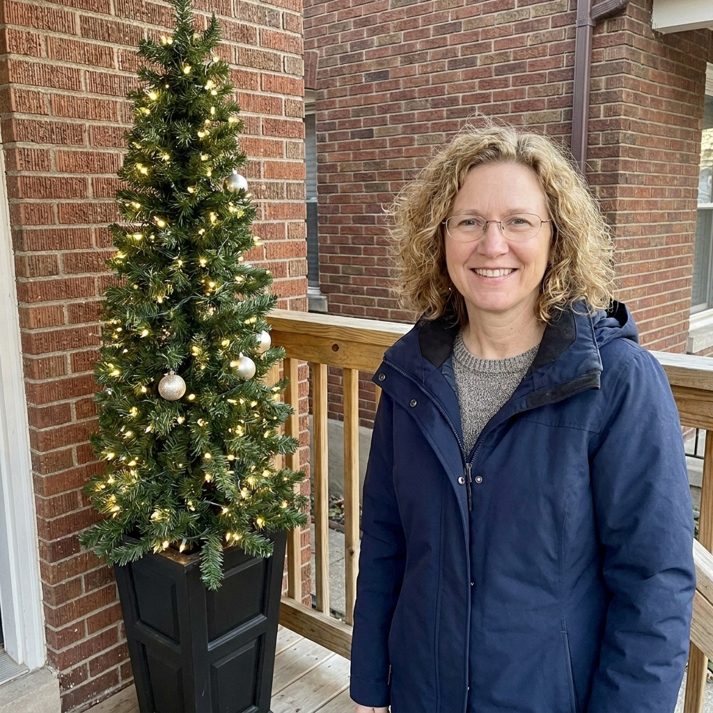 A tall, narrow artificial Christmas tree in a black planter on a tiny front porch corner, decorated with warm white lights and minimal ornaments