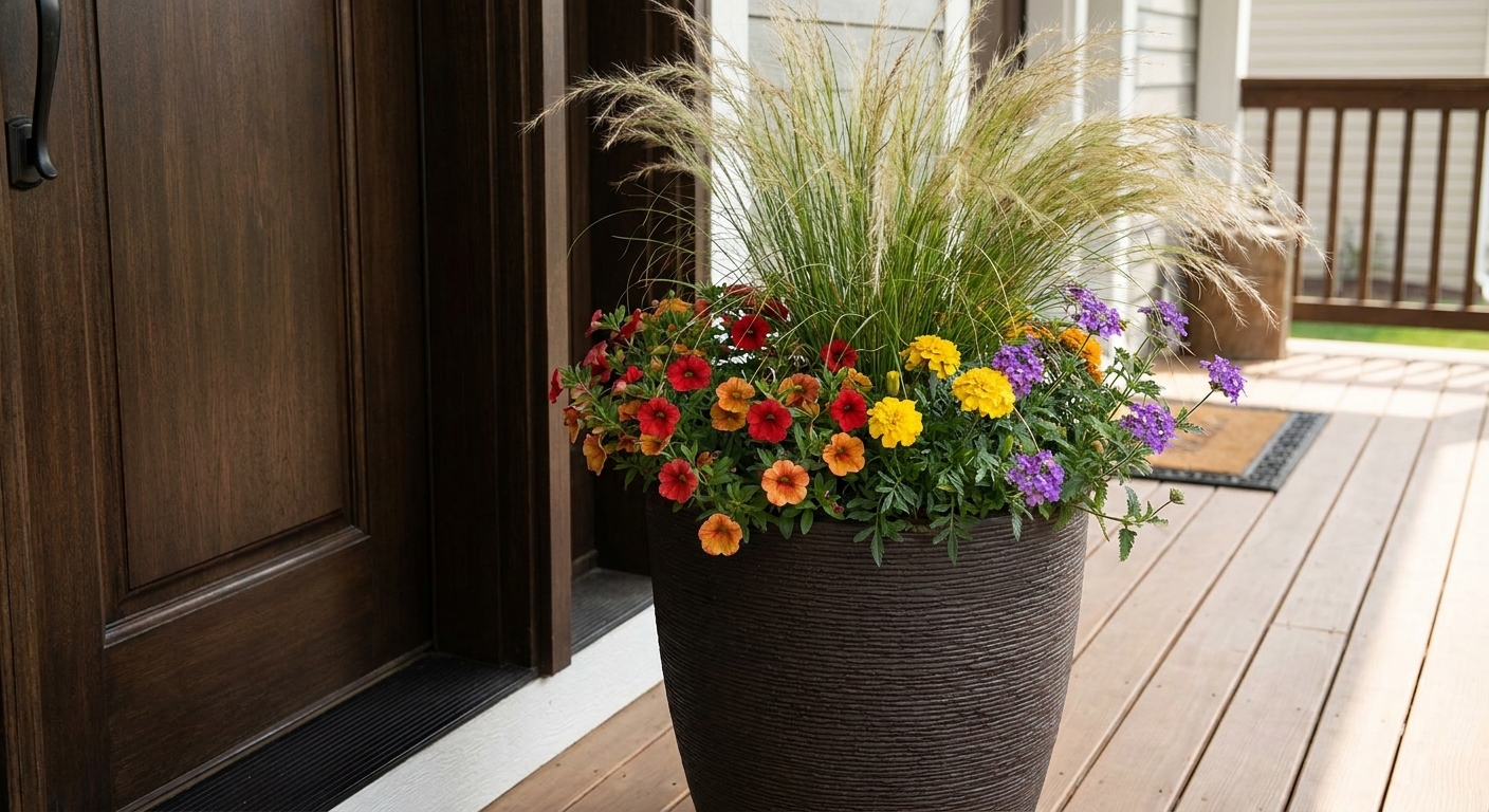 A tall resin planter beside a front door holding a mix of ornamental grass and flowering annuals, photographed on a tidy porch