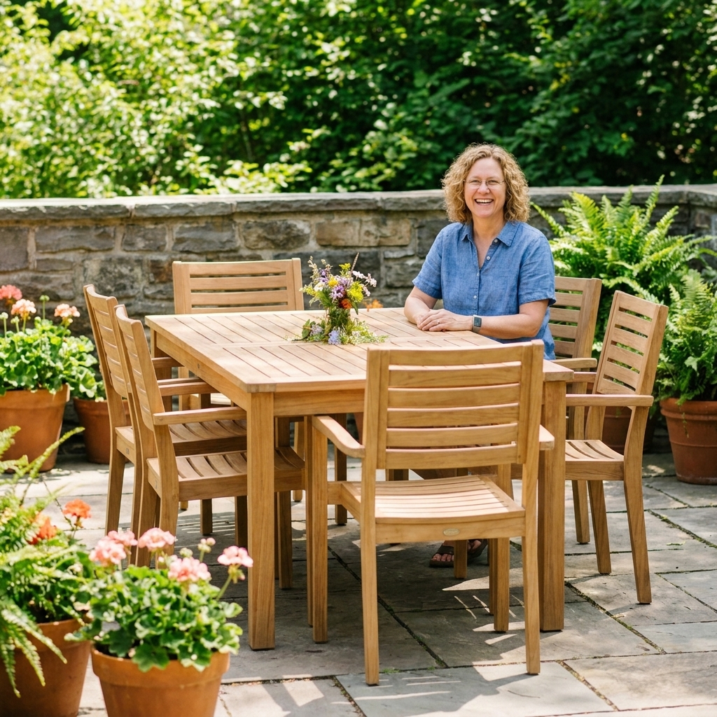 A teak outdoor dining table with six chairs on a stone patio, surrounded by potted plants on a bright summer day