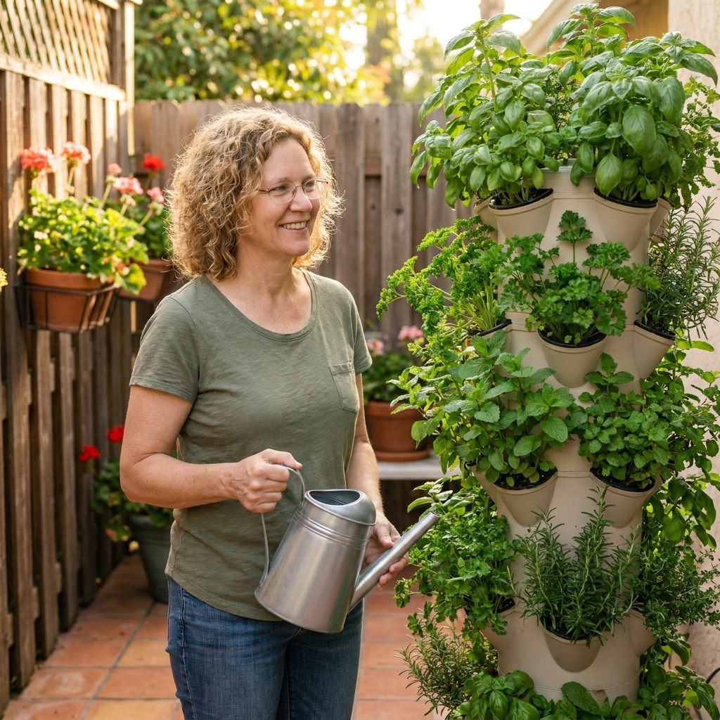 A vertical tower planter on a small patio filled with herbs like basil and parsley, placed beside a watering can