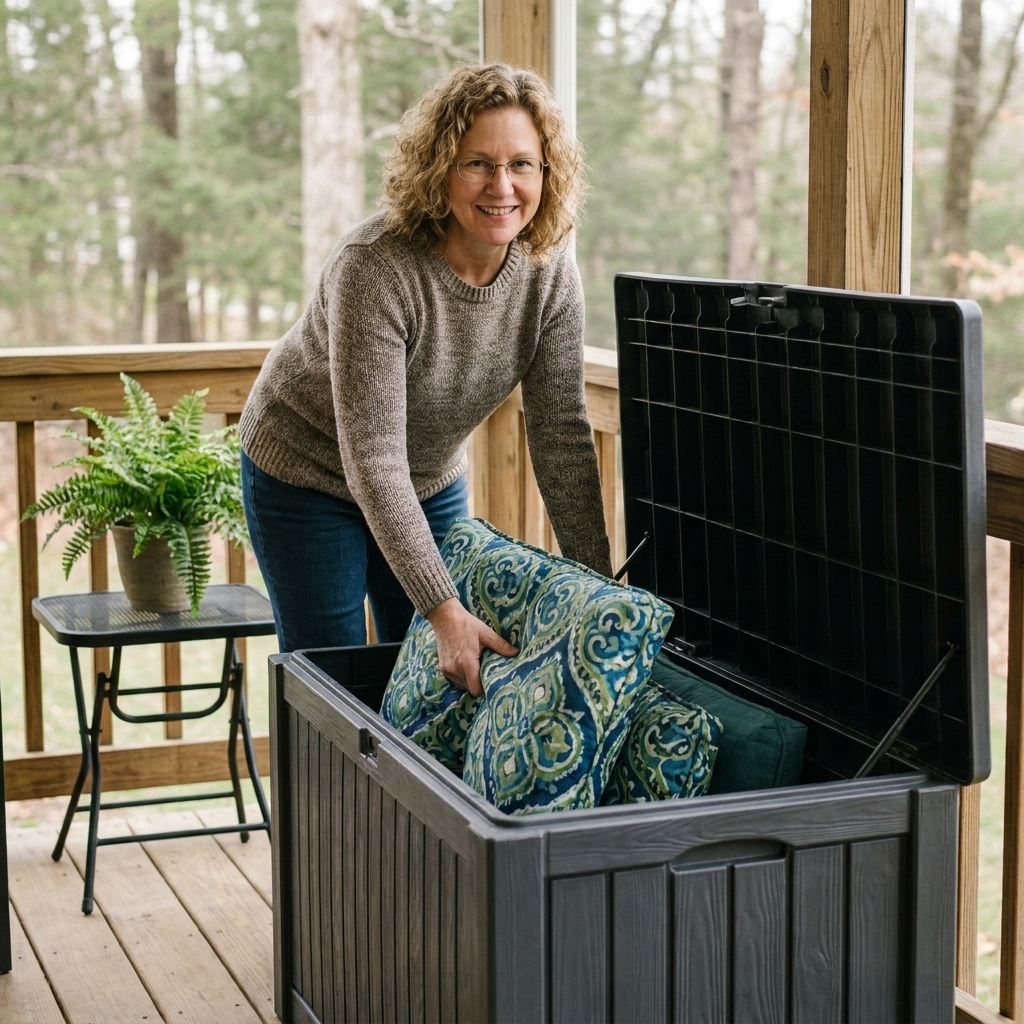 A weather-resistant deck box on a porch with outdoor cushions being placed inside, with a small side table and potted plant nearby
