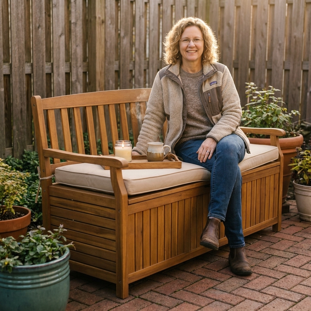 A weather-resistant outdoor storage bench in a small outdoor space, topped with a neutral cushion and a tray holding a candle and mug