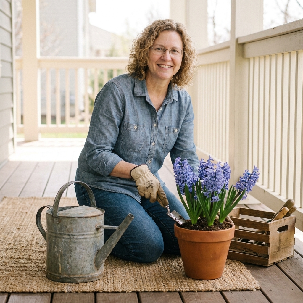 A weathered galvanized watering can styled next to a pot of blooming hyacinths on a front porch, with a small wooden crate and a neutral outdoor rug