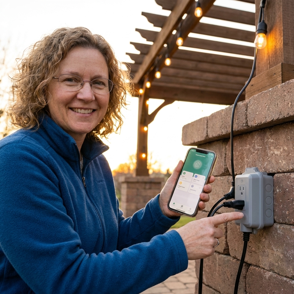 A weatherproof outdoor smart plug connected to a patio outlet, with string lights plugged in and hanging along a pergola
