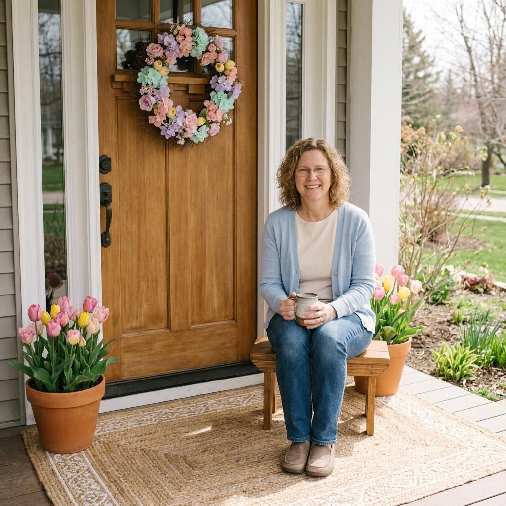 Early Spring Front Porch Pastels and Potted Bulbs