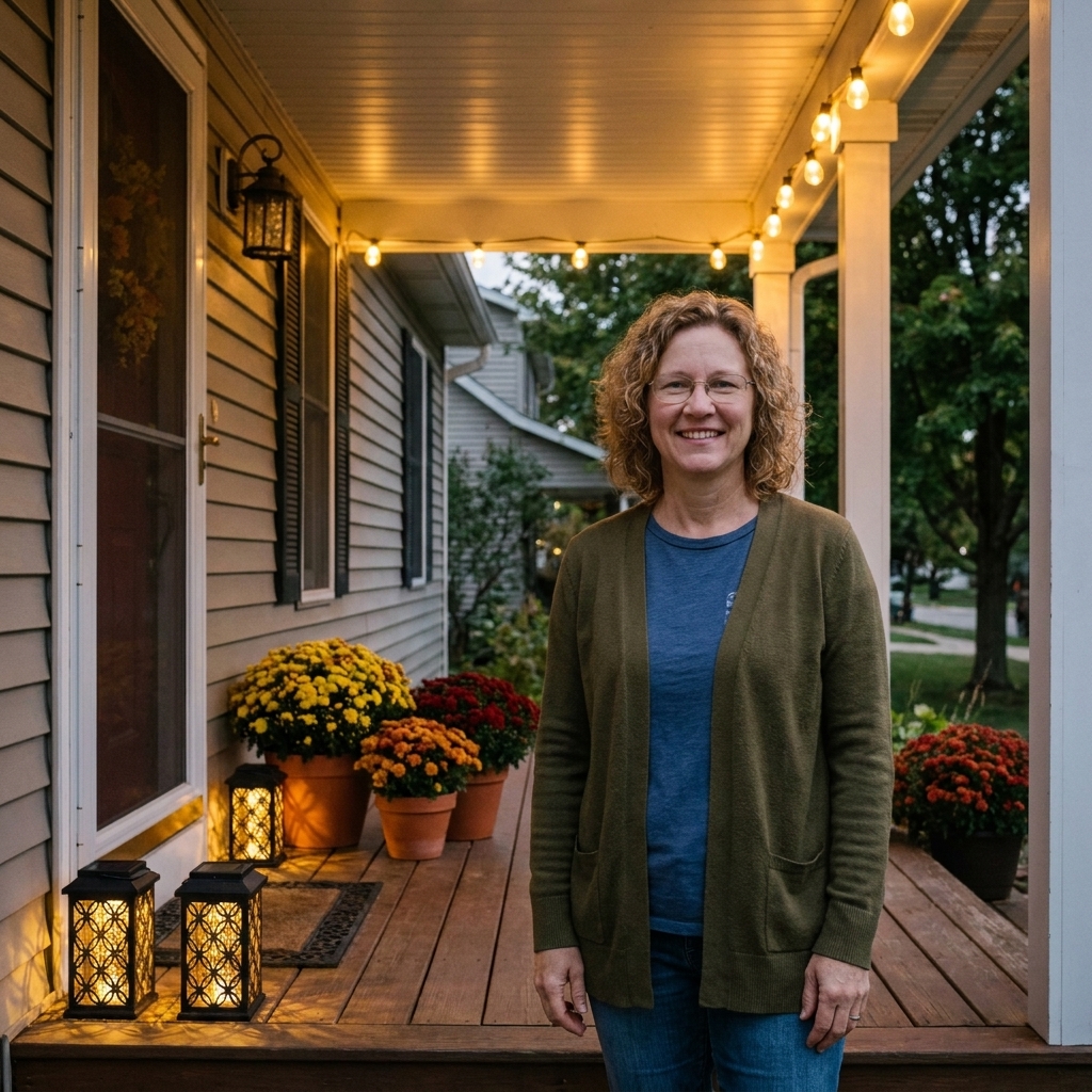 A welcoming front porch at dusk with two solar lanterns by the door, warm solar string lights along the porch ceiling, and potted mums