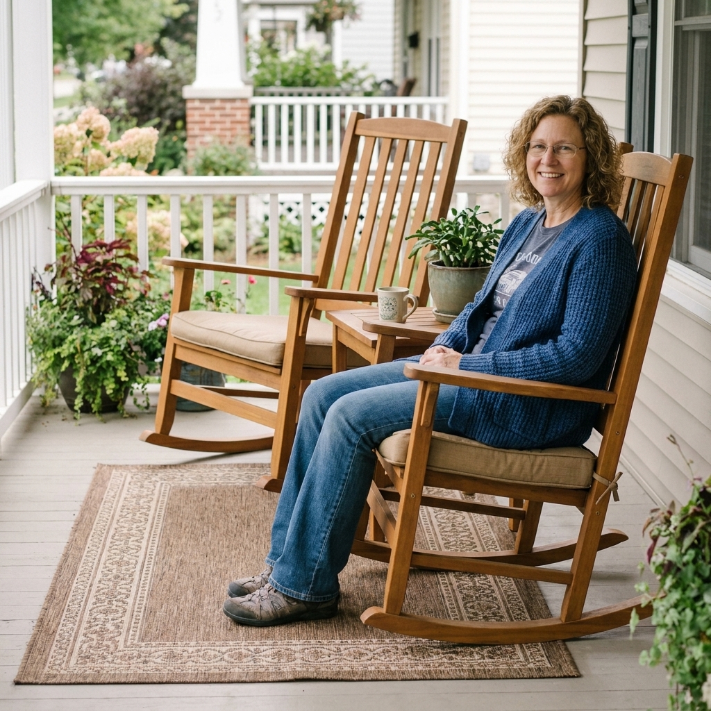 A welcoming front porch with two cushioned rocking chairs and a small table, arranged with the front chair legs resting on a rectangular outdoor rug