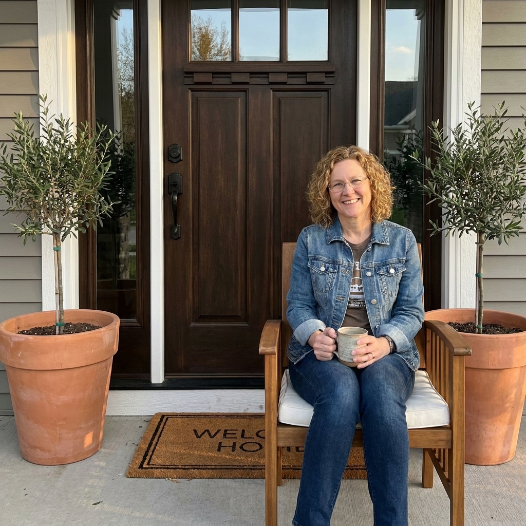 A welcoming front porch with two matching large planters holding small ornamental trees flanking the front door, with a doormat and a chair nearby