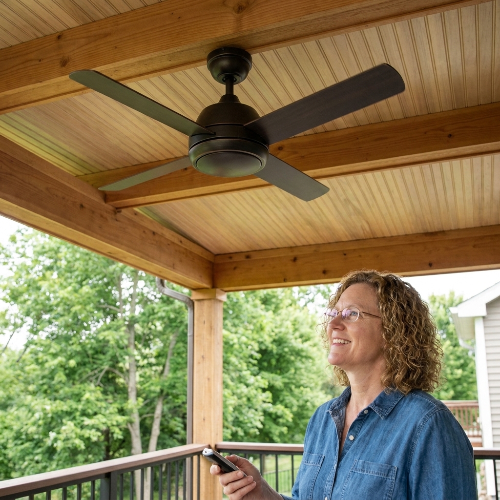 A wet-rated ceiling fan installed on a covered porch ceiling with visible clearance between the fan blades and nearby beams