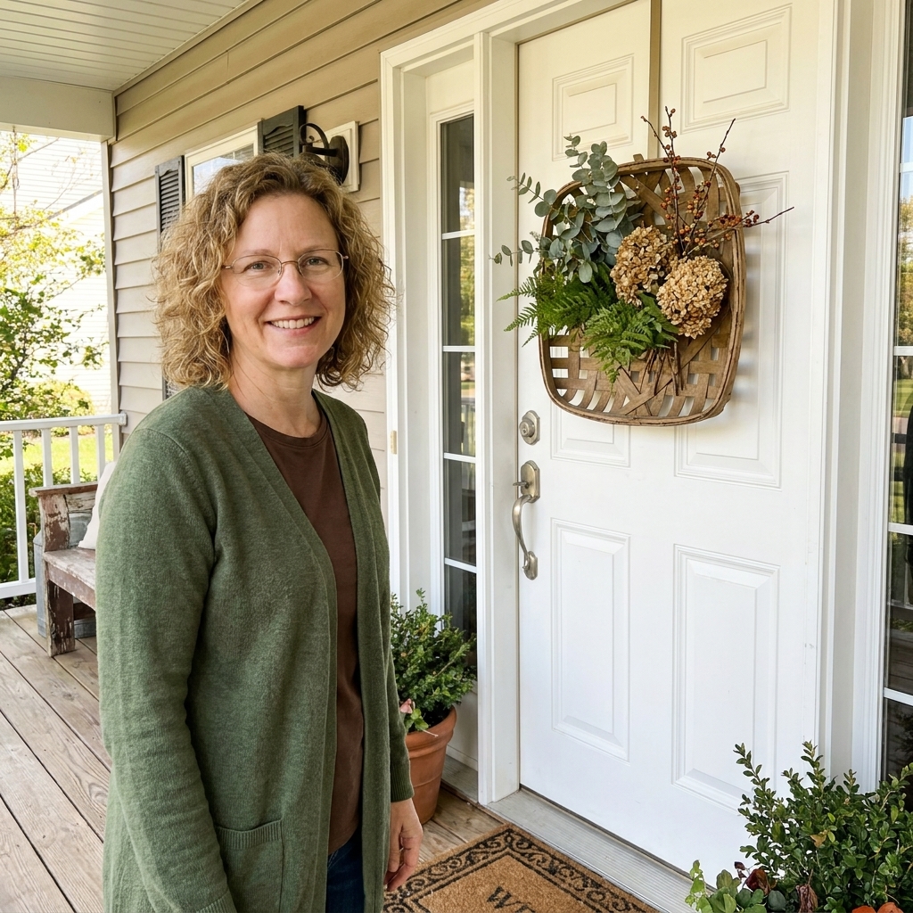 A white front door decorated with a shallow tobacco basket holding greenery and seasonal stems, styled on a cozy porch