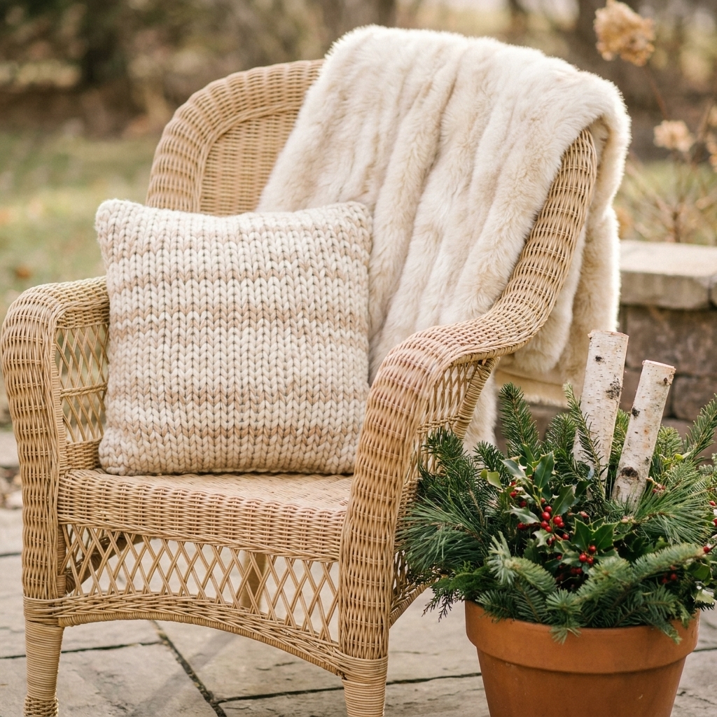 A wicker patio chair with a creamy faux fur throw draped over the back and a knit pillow on the seat, with winter greenery nearby