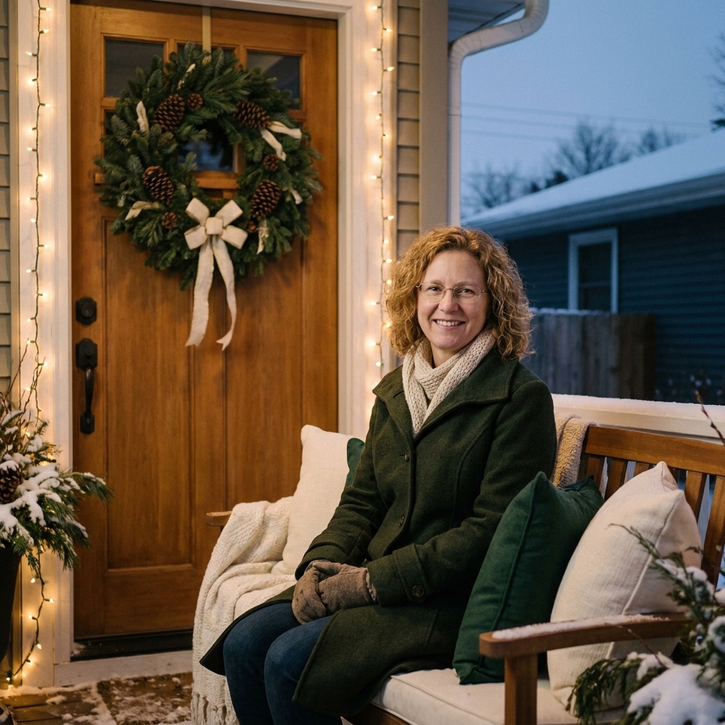 A winter front porch with a bench styled in warm ivory and deep evergreen outdoor pillows, with a wreath on the door and soft string lights nearby