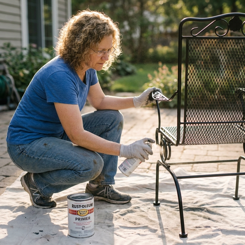 A wrought iron patio chair being spray painted outdoors on a drop cloth, with a can of rust-inhibiting primer nearby