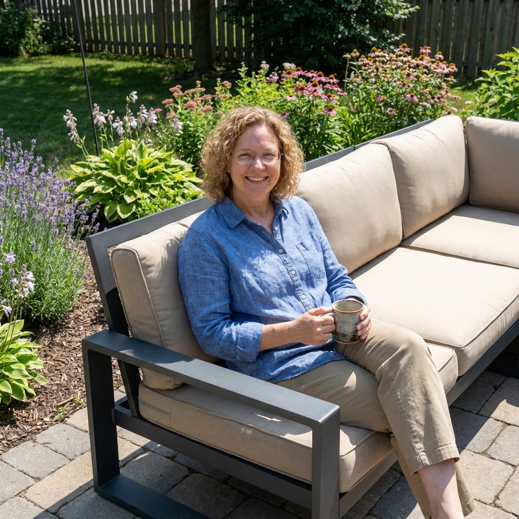 An aluminum outdoor conversation set with thick cushions on a sunny backyard patio next to a garden bed