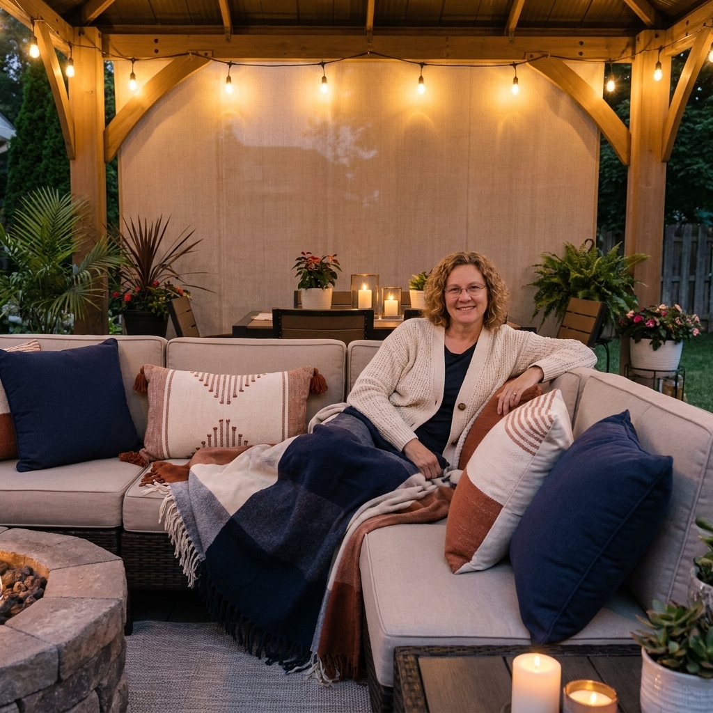 An outdoor blanket casually draped over the corner of a patio sectional sofa with pillows in coordinating colors, creating a cozy evening-ready look