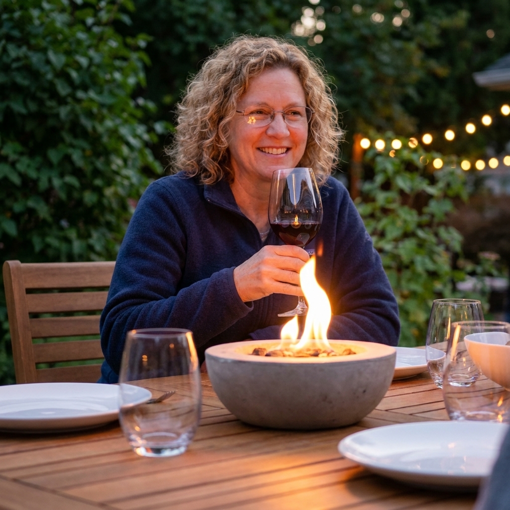 An outdoor dining table set for evening with a compact tabletop fire bowl in the center, simple plates and glasses spaced safely away, and a warm flicker reflecting off nearby glassware