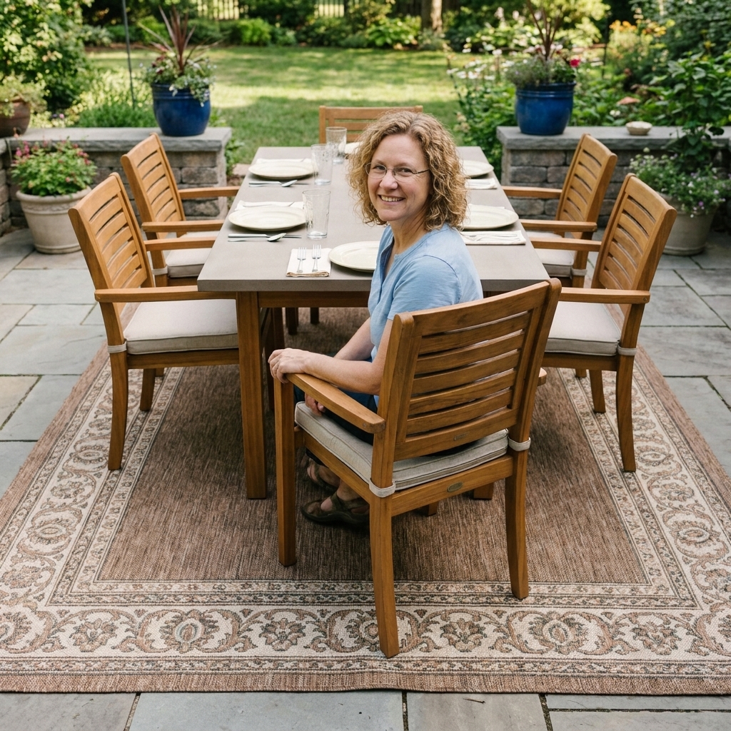 An outdoor dining table with six chairs sitting fully on a large outdoor rug, with chairs pulled back slightly and still remaining on the rug