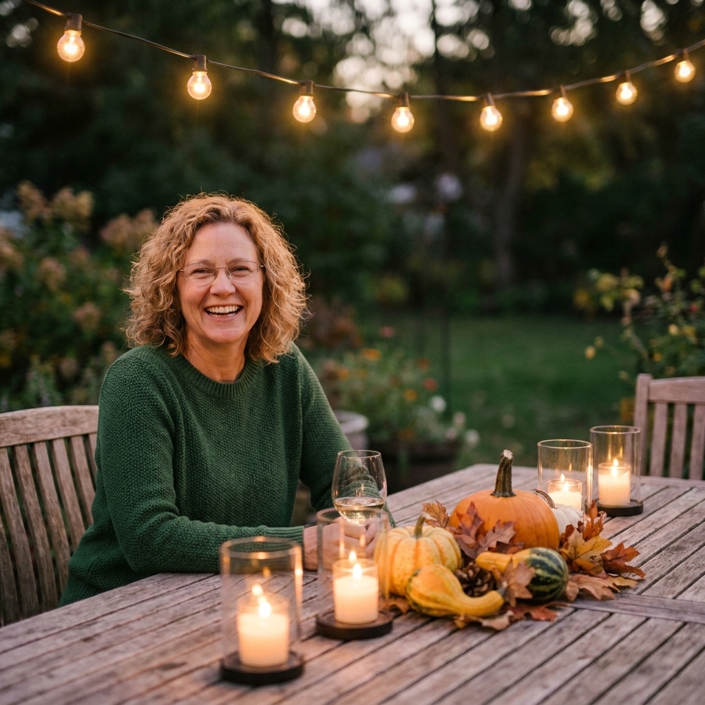 An outdoor patio dinner table at dusk with bistro lights overhead, small glass hurricanes glowing on the table, and a fall centerpiece of gourds and dried leaves
