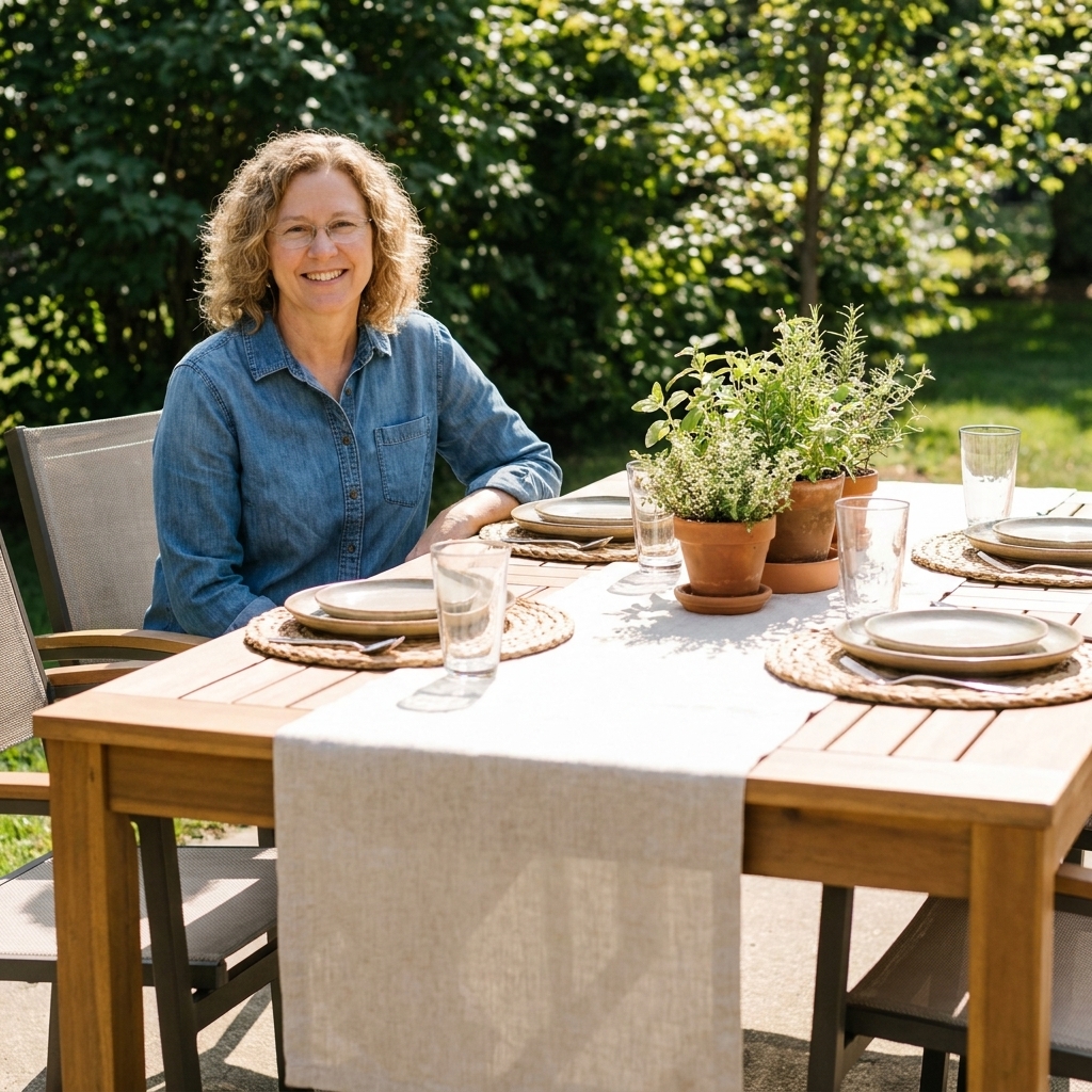 An outdoor table with an oatmeal-colored linen runner draped down the center, layered over a wooden patio table with woven placemats at each seat