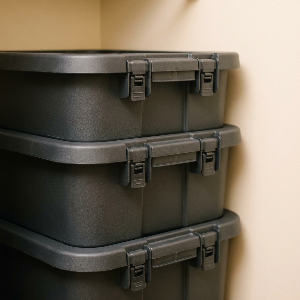 Close-up of sturdy latching storage totes with tight-fitting lids stacked neatly in a clean storage space