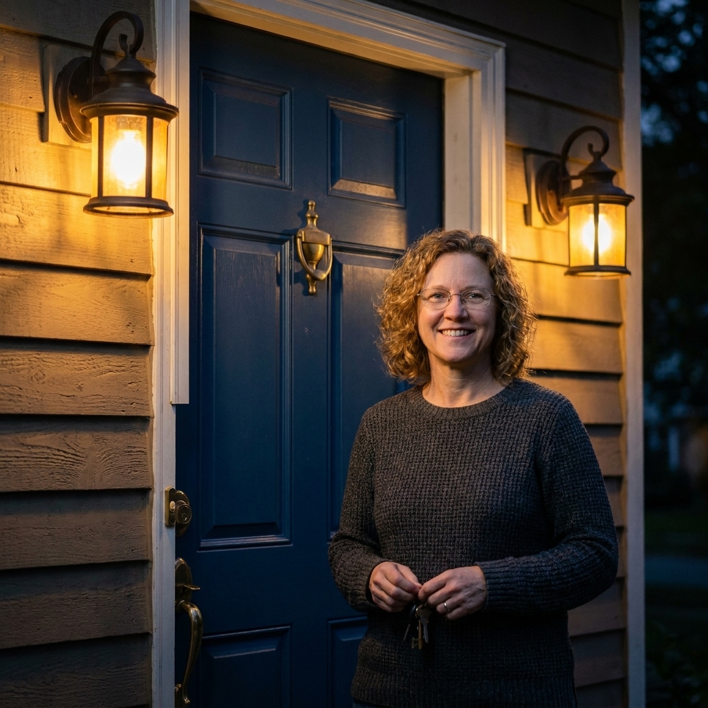 Close view of a front entry with two matching wall sconces flanking a painted front door, casting warm light onto the siding and door hardware at night, realistic photograph