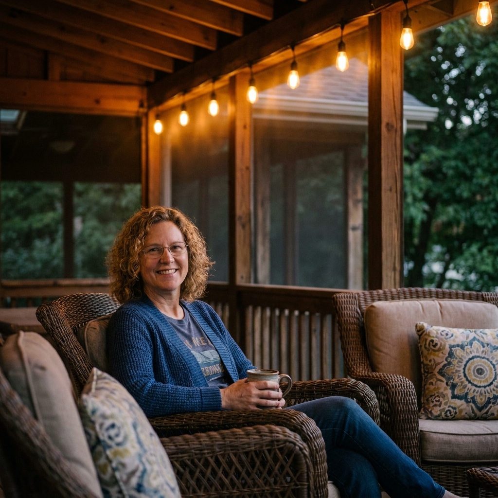 Edison-style LED string lights glowing amber above a covered porch seating area with wicker chairs and outdoor pillows