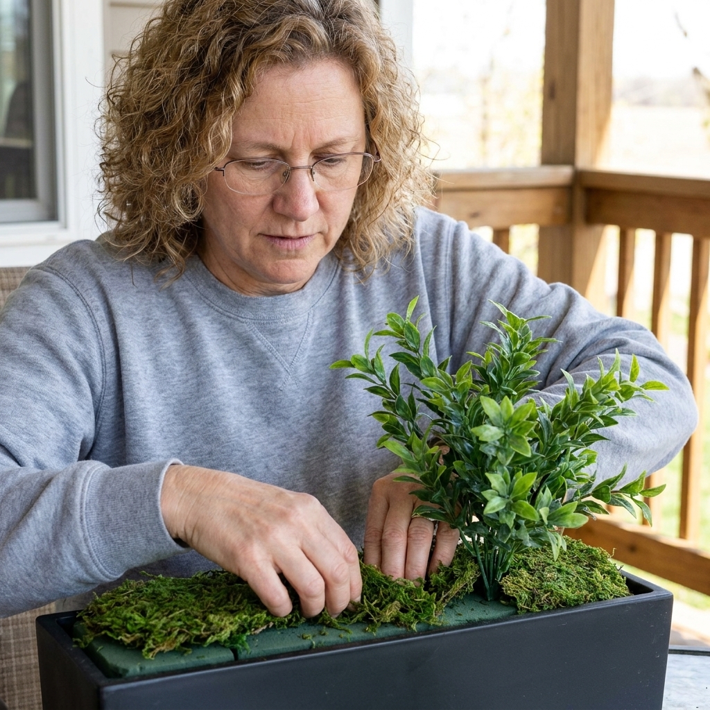 Hands arranging preserved sheet moss as a top dressing over a faux plant base in a porch planter, hiding foam and creating a natural soil-like surface