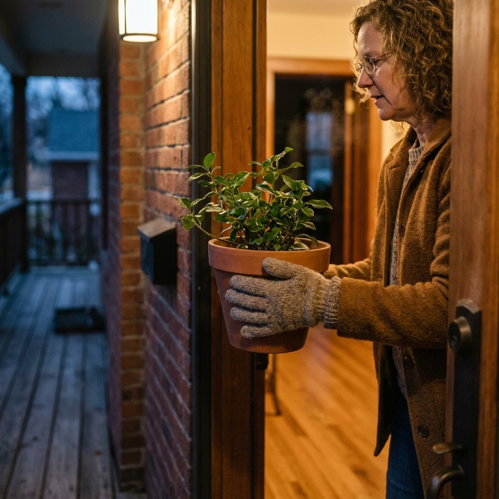 Hands carrying a medium potted plant through a doorway from a porch into a home on a chilly evening
