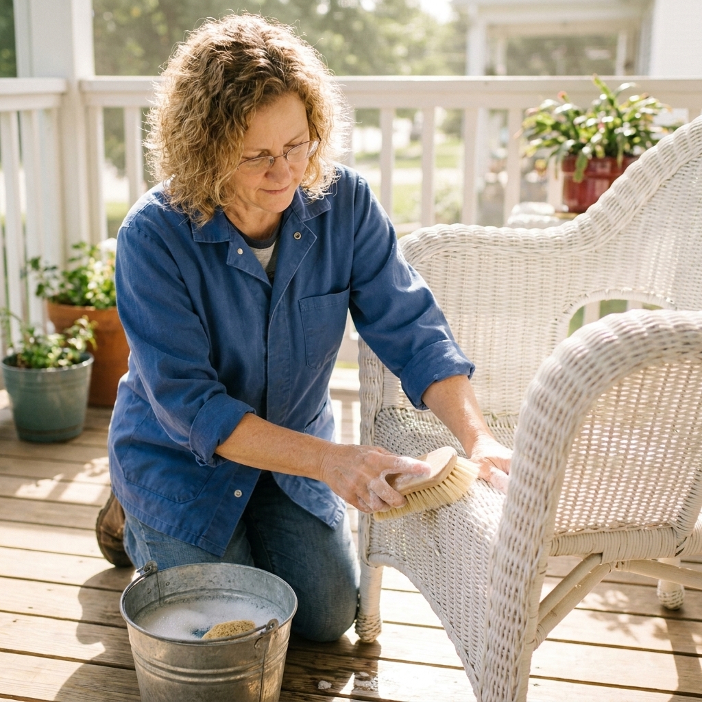 Hands cleaning a white wicker patio chair with a soft brush and a small bucket of soapy water on a sunny porch