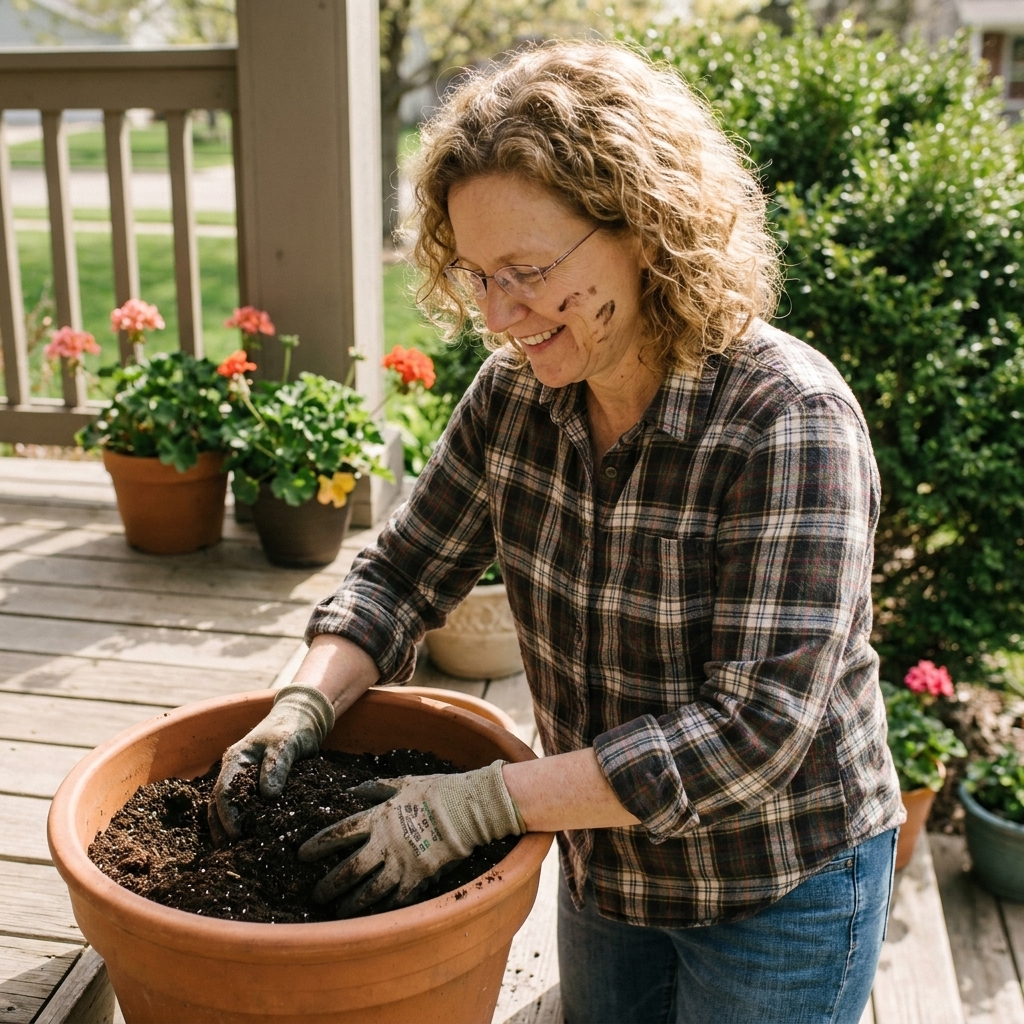 Hands in garden gloves fluffing and mixing fresh potting soil into a large outdoor planter on a porch
