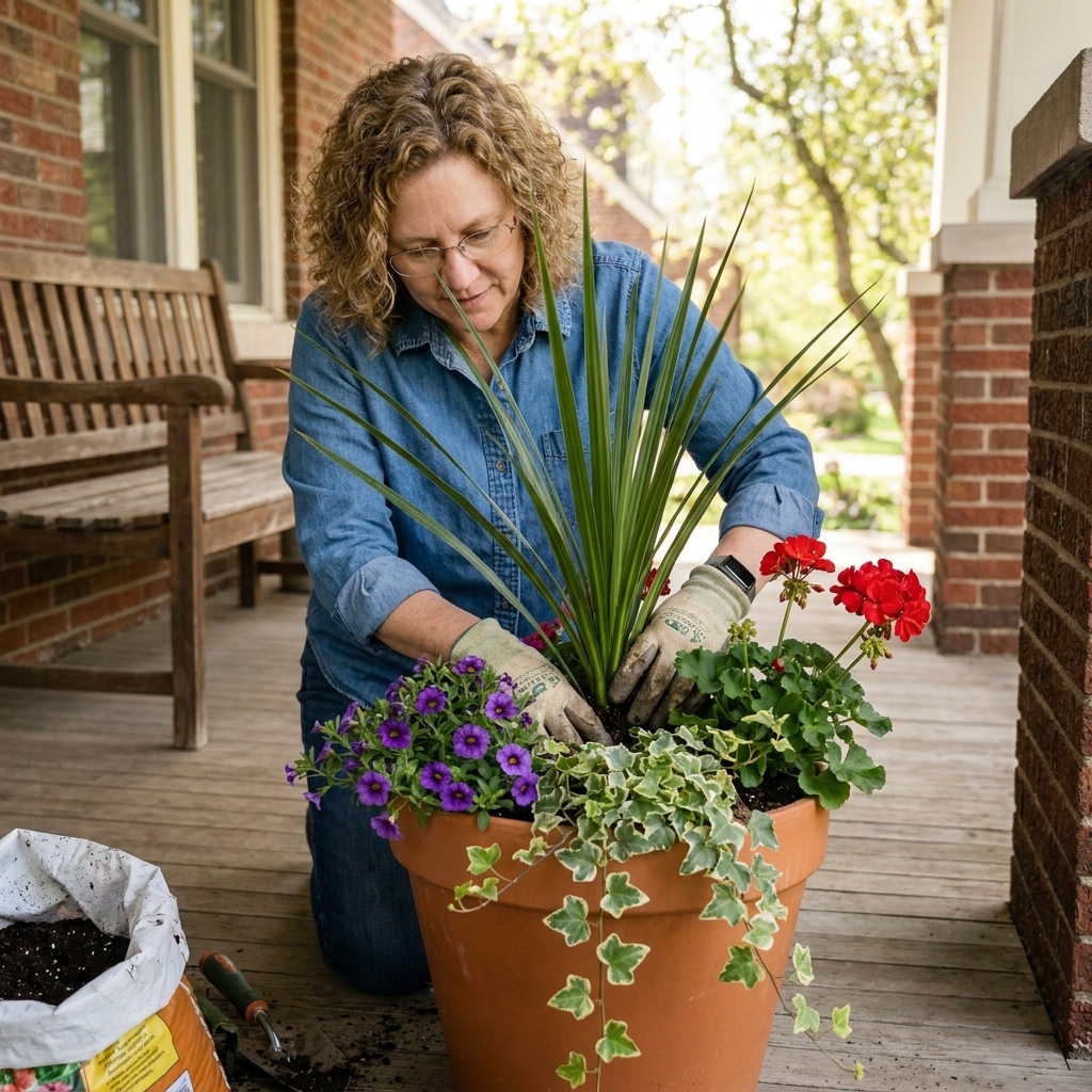 Hands planting a mixed container on a front porch, with one taller center plant, several mounding plants around it, and a trailing vine positioned near the rim