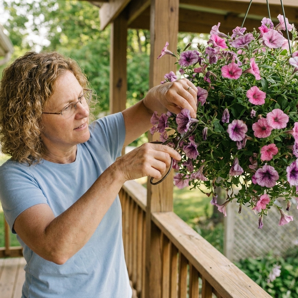 Hands using small garden snips to remove faded petunia blooms from a full hanging basket on a porch