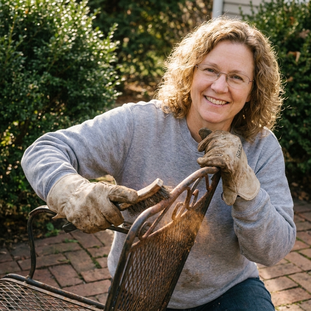 Hands wearing work gloves using a wire brush to remove rust from the curved back of a metal patio chair outdoors
