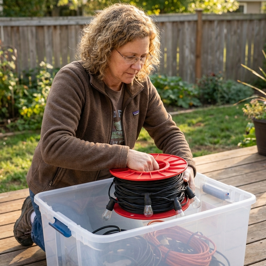 Outdoor bistro string lights neatly wrapped on a cord reel and placed in a storage tote to prevent tangling