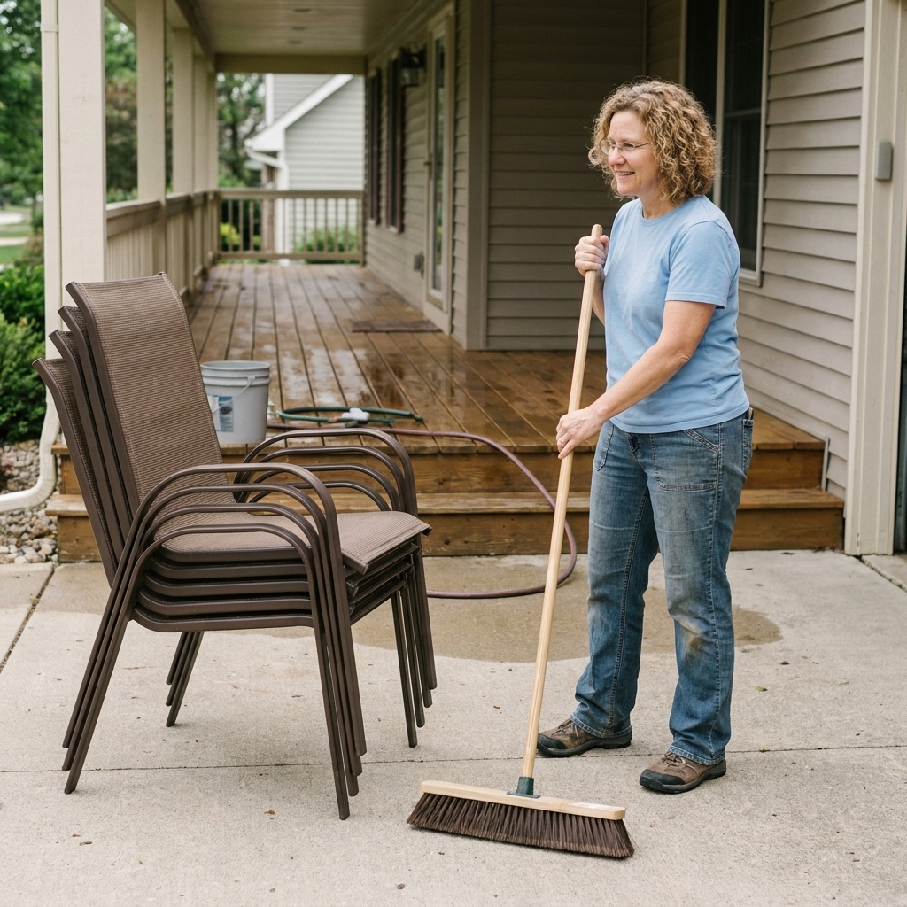 Outdoor patio chairs stacked neatly on a driveway beside a porch while the porch floor is cleared for cleaning