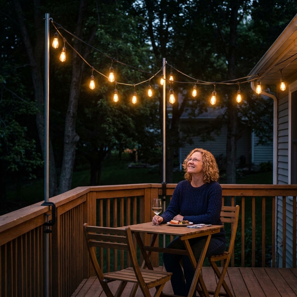 Outdoor string lights attached to tall poles clamped to a wooden deck railing, glowing above a small dining set at night