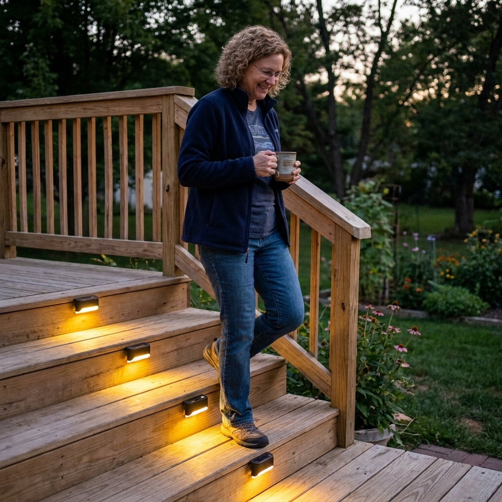Solar step lights installed along wooden deck stairs, casting a gentle warm glow on each tread