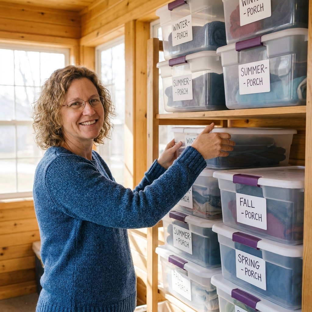 Stacked storage bins with clear, simple labels indicating season and porch location, organized on shelving