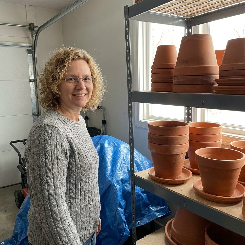 Stacks of empty terracotta pots stored on a garage shelf with a tarp nearby