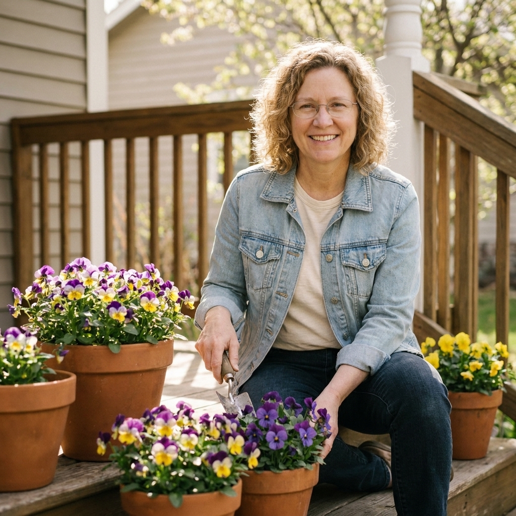 Terracotta pots filled with purple and yellow pansies arranged on a front porch step in soft spring sunlight