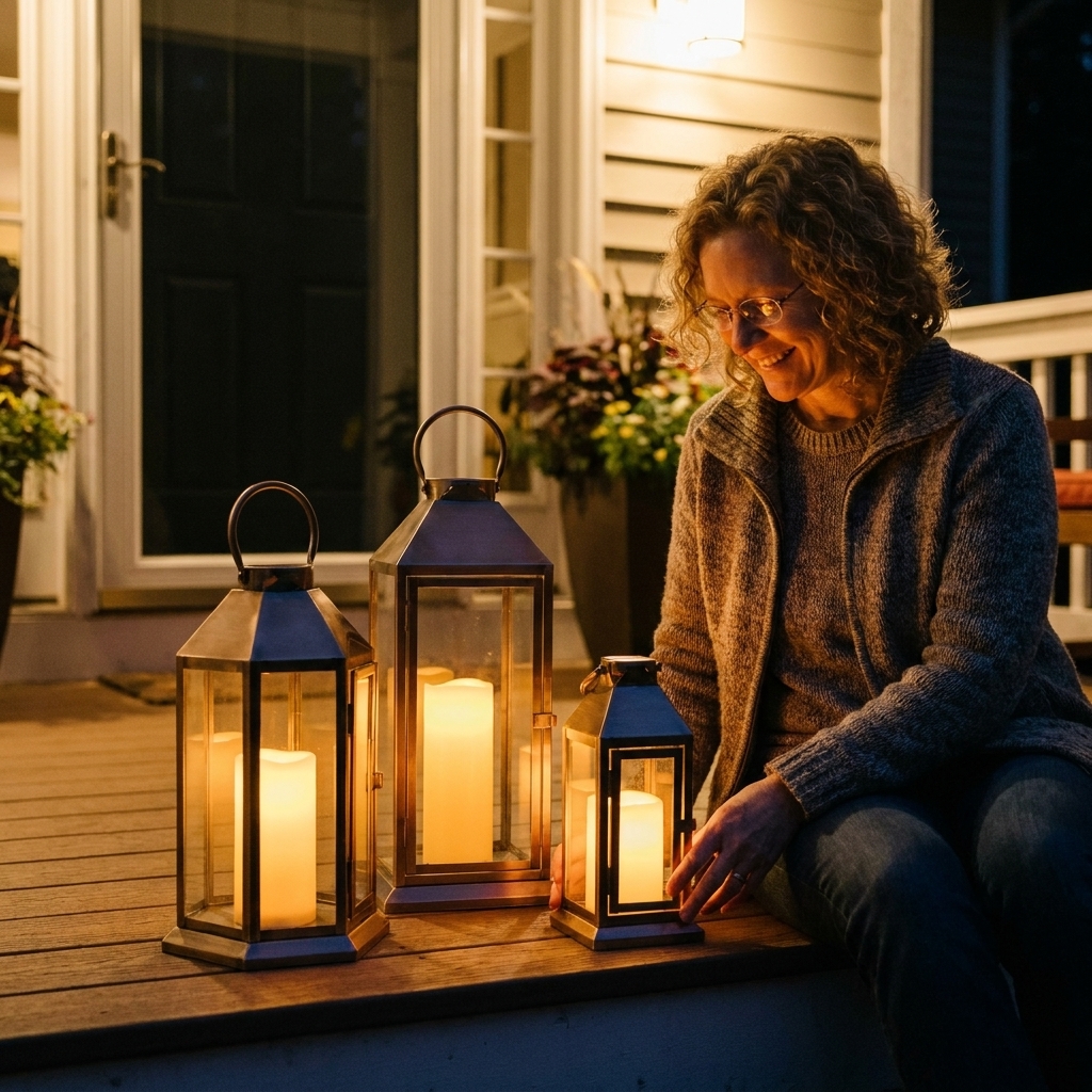 Three outdoor lanterns in graduated sizes grouped beside a front door at night, each lantern holding flameless pillar candles that glow warmly on a porch step