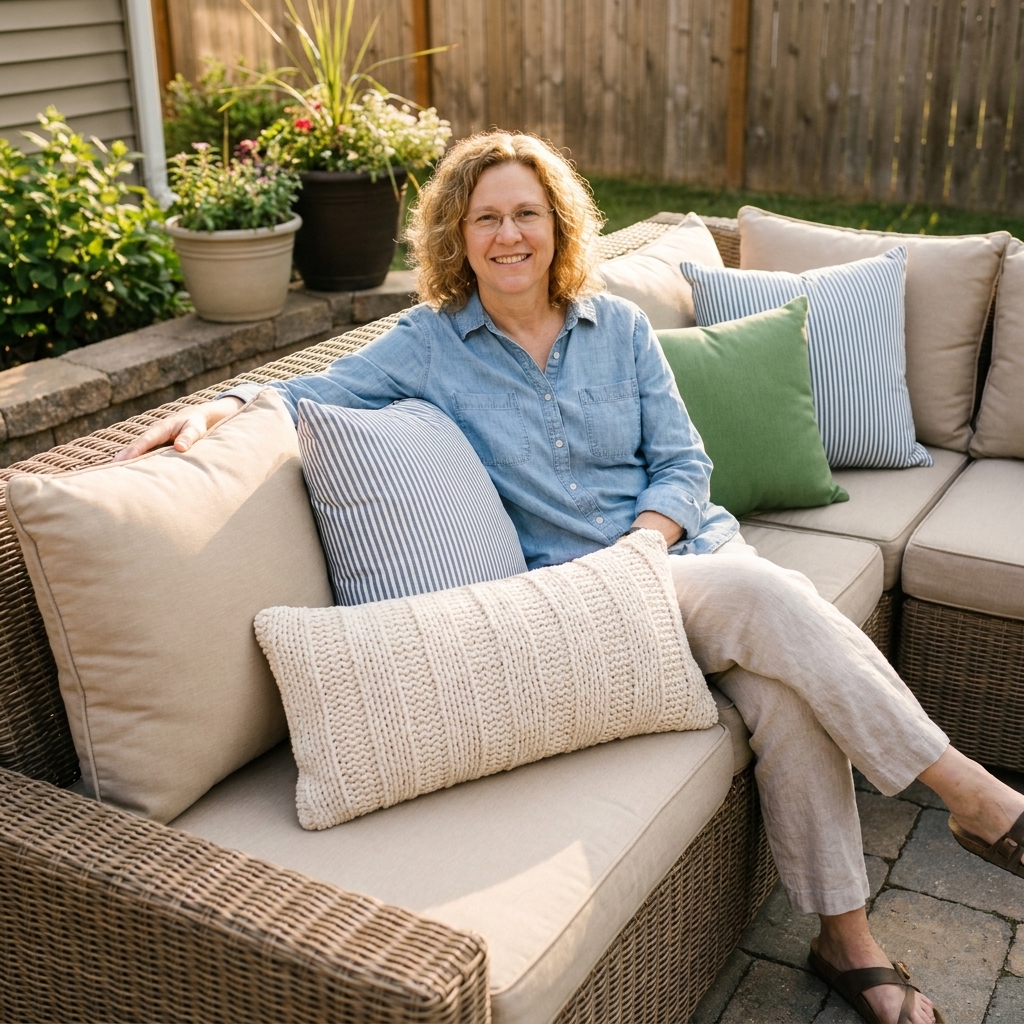 Throw pillows arranged on an outdoor sectional, showing a mix of solid and striped pillows with one textured lumbar pillow in front